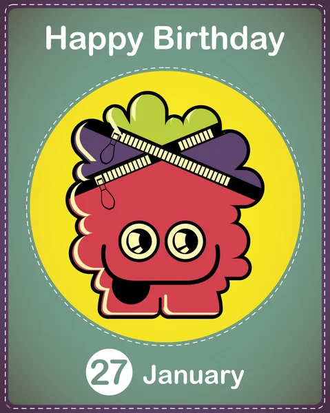 Feliz cumpleaños tarjeta con lindo monstruo de dibujos animados, vector — Vector de stock