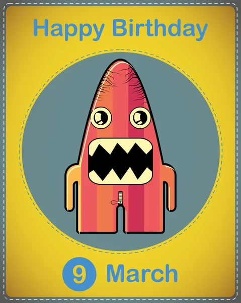 Feliz cumpleaños tarjeta con lindo monstruo de dibujos animados, vector — Vector de stock