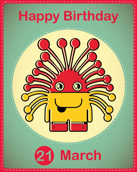 Happy birthday card with cute cartoon monster, vector — Stock Vector