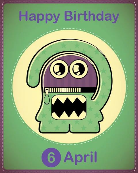 Happy birthday card with cute cartoon monster, vector — Stock Vector