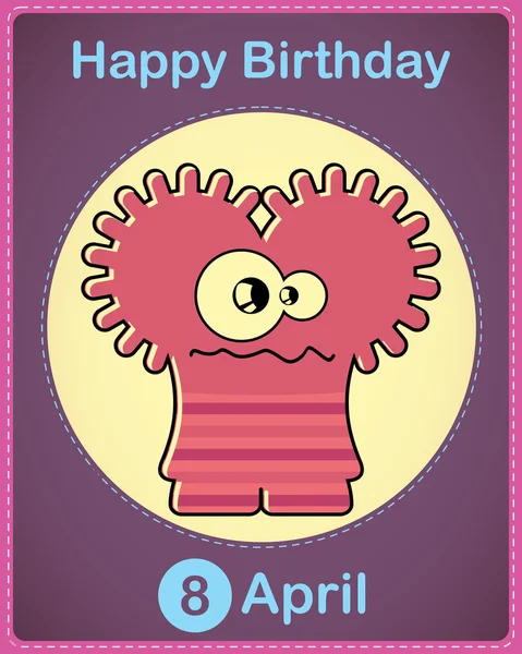 Happy birthday card with cute cartoon monster, vector — Stock Vector