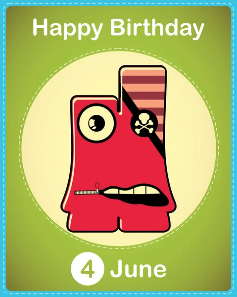 Happy birthday card with cute cartoon monster, vector — Stock Vector