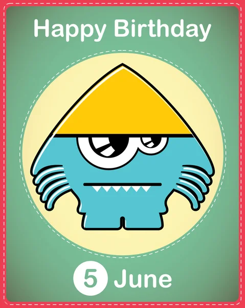 Happy birthday card with cute cartoon monster, vector — Stock Vector