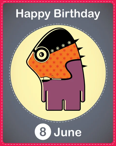 Happy birthday card with cute cartoon monster, vector — Stock Vector