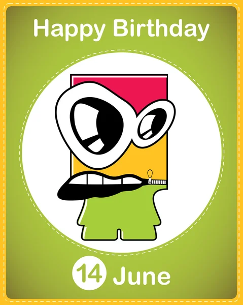 Happy birthday card with cute cartoon monster, vector — Stock Vector