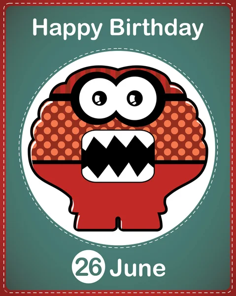 Happy birthday card with cute cartoon monster, vector — Stock Vector