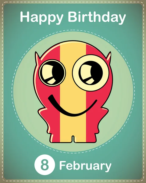 Feliz cumpleaños tarjeta con lindo monstruo de dibujos animados, vector — Vector de stock