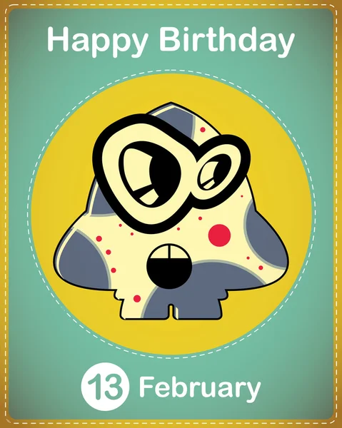 Feliz cumpleaños tarjeta con lindo monstruo de dibujos animados, vector — Vector de stock