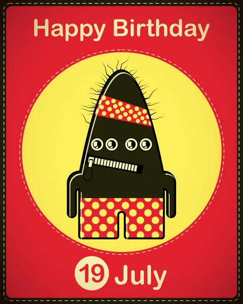 Happy birthday card with cute cartoon monster — Stock Vector