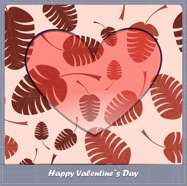 Tarjeta de San Valentín con corazón y hojas — Vector de stock