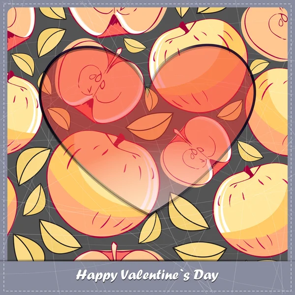 Biglietto di San Valentino con cuore e mele — Vettoriale Stock