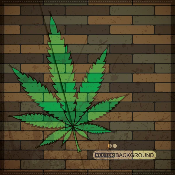 Fundo grunge com folha de cannabis na parede de tijolo — Vetor de Stock