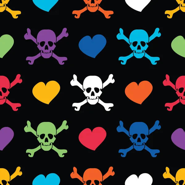 Colored skulls and hearts on black background - seamless pattern — Stock Vector