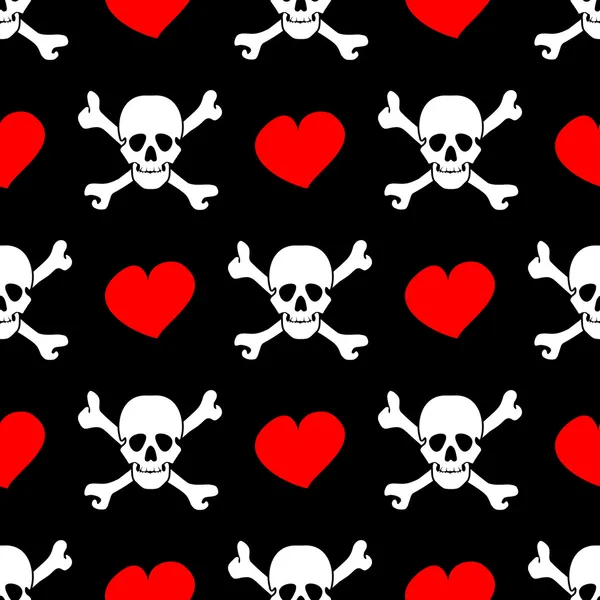 Calaveras blancas y corazones rojos sobre fondo negro - patrón sin costuras — Vector de stock