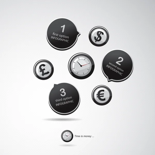 Opciones de infografía banners con reloj y tres símbolos de moneda diferentes . — Vector de stock