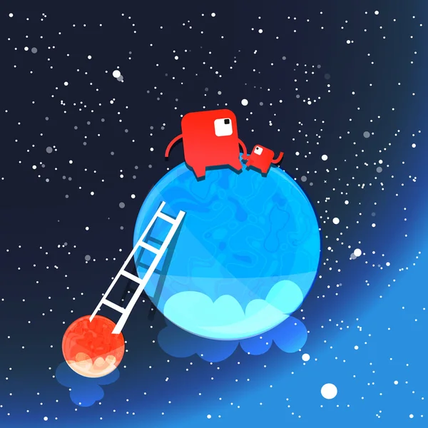 Zwei Monster denken auf einem blauen Planeten in einem tiefen Raum — Stockvektor