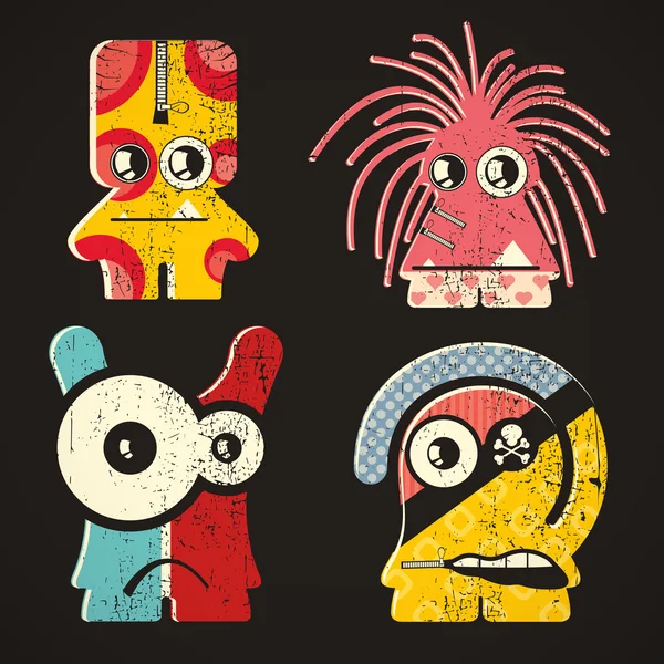 Set van vier monsters op retro grunge achtergrond — Stockvector