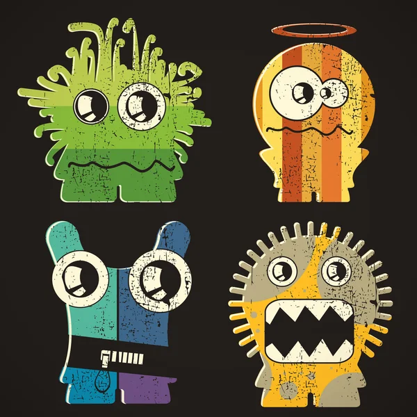 组的复古 grunge 背景上的四个小怪物 — 图库矢量图片