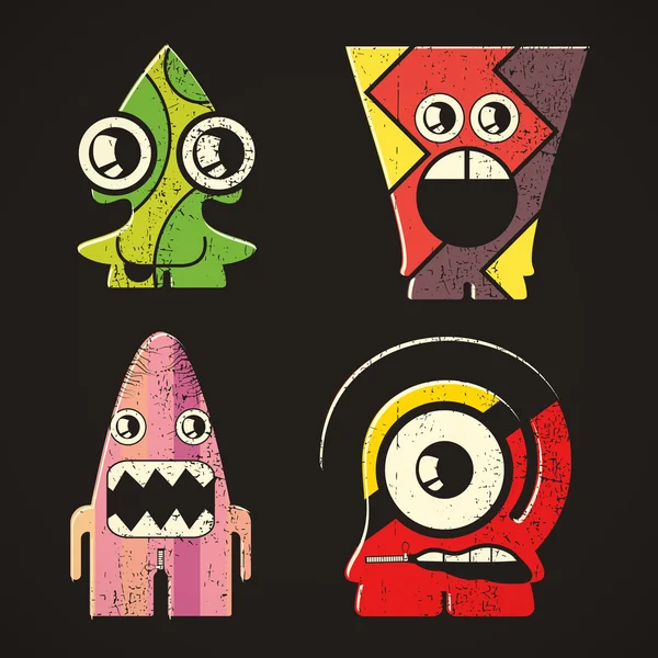 Set von vier Monstern auf Retro-Grunge-Hintergrund — Stockvektor