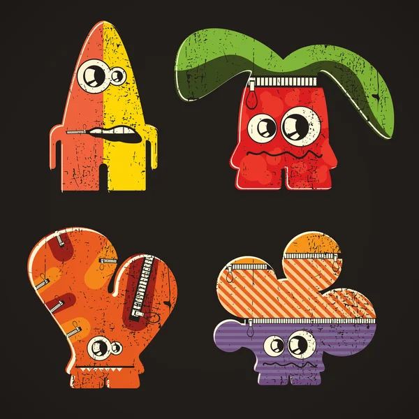 Set van vier monsters op retro grunge achtergrond — Stockvector