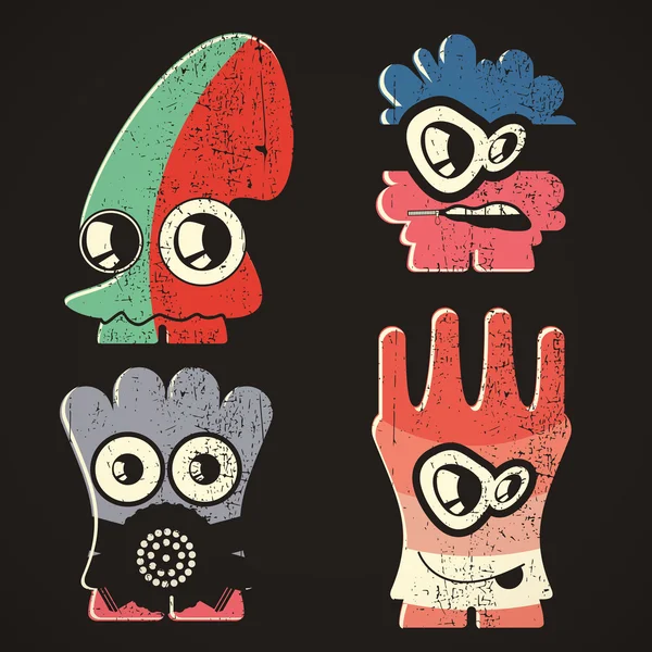 Set van vier monsters op retro grunge achtergrond — Stockvector