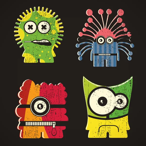 Set van vier monsters op retro grunge achtergrond — Stockvector