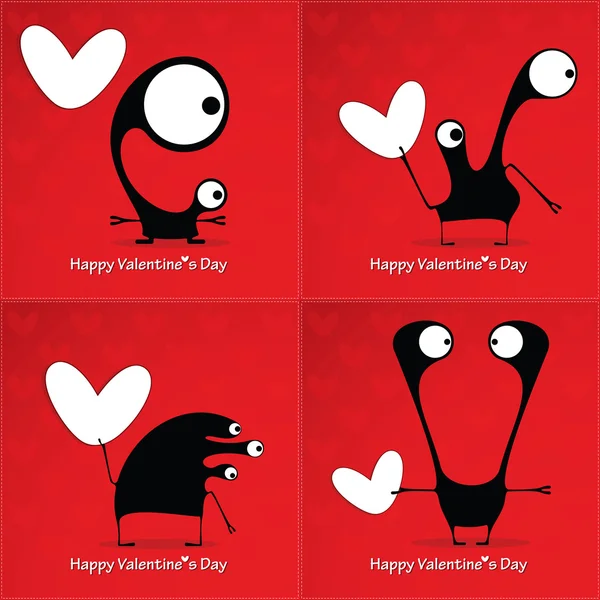 Tarjeta de San Valentín con monstruos y corazones — Vector de stock