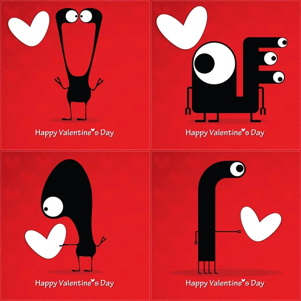 Tarjeta de San Valentín con monstruos y corazones — Vector de stock