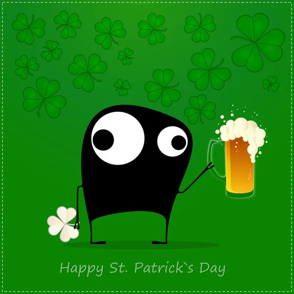 Feliz Día de San Patricio. Monstruo lindo con trébol y cerveza — Vector de stock