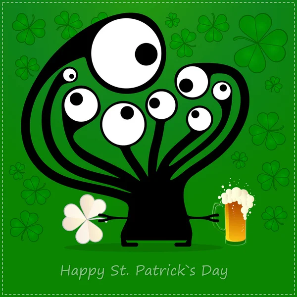 Feliz Día de San Patricio. Monstruo lindo con trébol y cerveza — Vector de stock