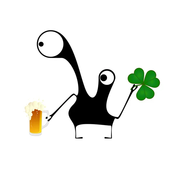 Happy st. patrick s dag. schattig monster met klaverblad en bier — Stockvector
