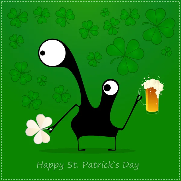 Joyeuse St Patrick. Monstre mignon avec trèfle et bière — Image vectorielle