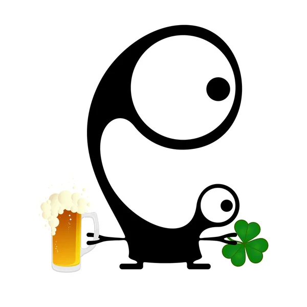 Feliz Día de San Patricio. Monstruo lindo con trébol y cerveza — Vector de stock