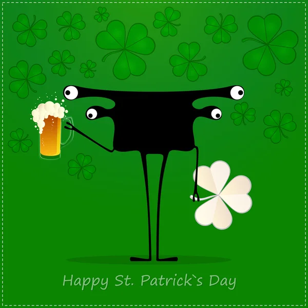 Feliz Día de San Patricio. Monstruo lindo con trébol y cerveza — Vector de stock