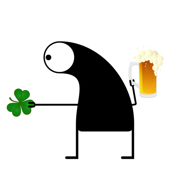 Happy St. Patrick s Day. Cute monster with cloverleaf and beer — Stock Vector