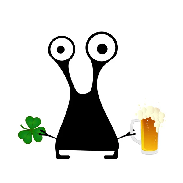 Happy st. patrick s day. Niedliches Monster mit Kleeblatt und Bier — Stockvektor