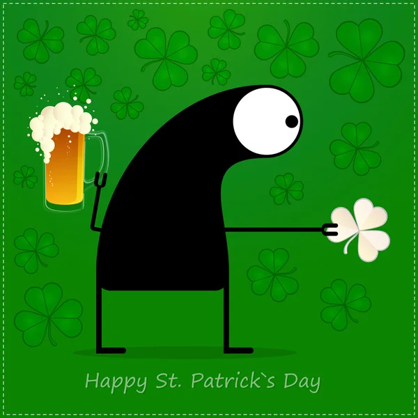 Joyeuse St Patrick. Monstre mignon avec trèfle et bière — Image vectorielle