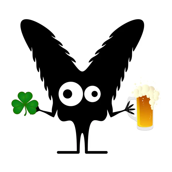 Happy St. Patrick s Day. Cute monster with cloverleaf and beer — Stock Vector