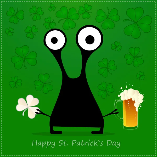 Šťastný st. patrick s den. roztomilý monstrum s cloverleaf a pivo — Stockový vektor