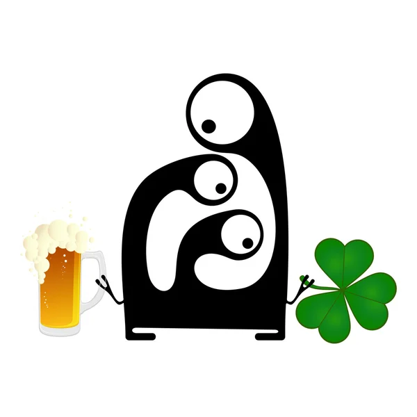 Happy st. patrick s day. Niedliches Monster mit Kleeblatt und Bier — Stockvektor