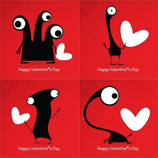 Tarjeta de San Valentín con monstruos y corazones — Vector de stock