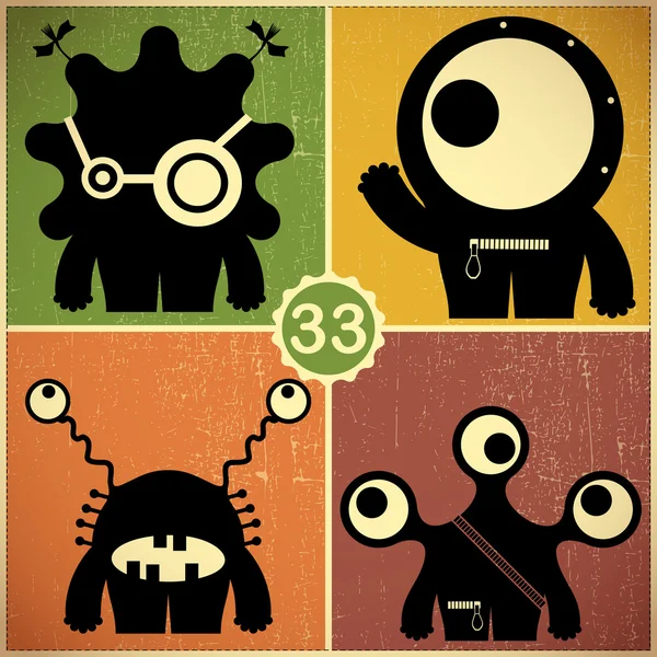 Set van vier monsters op retro grunge achtergrond — Stockvector