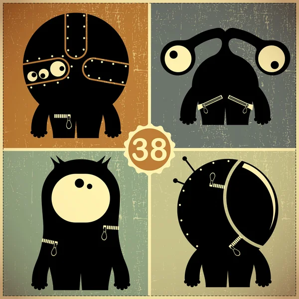 Set of four monsters on retro grunge background — Stock Vector