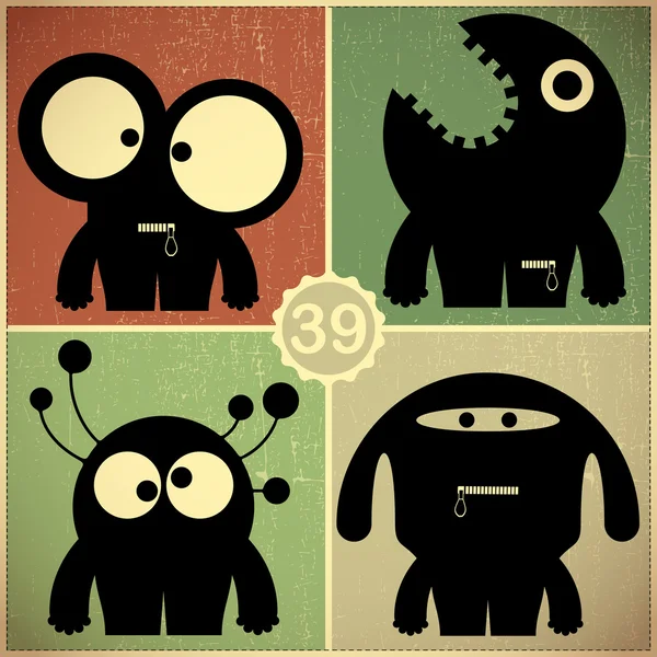 Set van vier monsters op retro grunge achtergrond — Stockvector