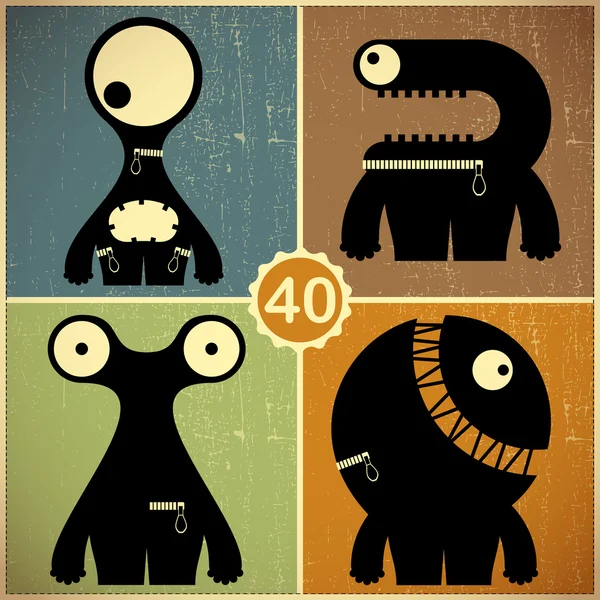 Set of four monsters on retro grunge background — Stock Vector