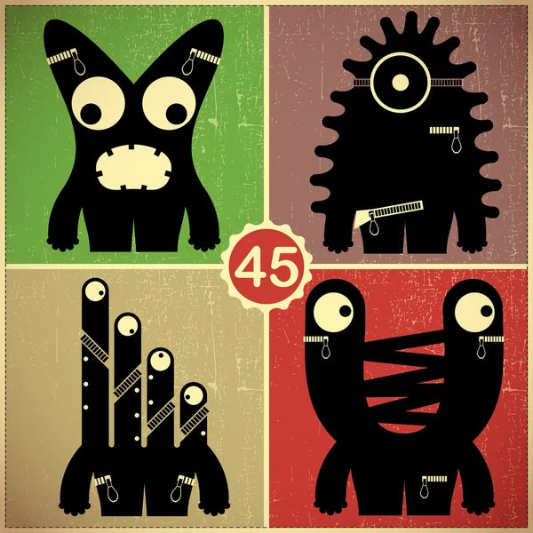 Set van vier monsters op retro grunge achtergrond — Stockvector