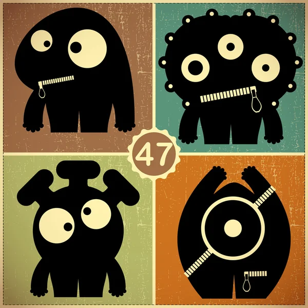 Set van vier monsters op retro grunge achtergrond — Stockvector