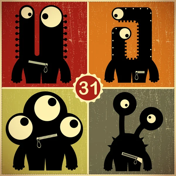 Ensemble de quatre monstres sur fond grunge rétro — Image vectorielle