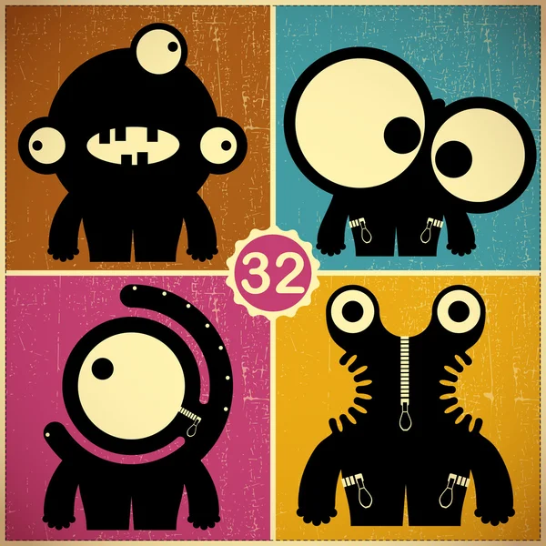 Set van vier monsters op retro grunge achtergrond — Stockvector