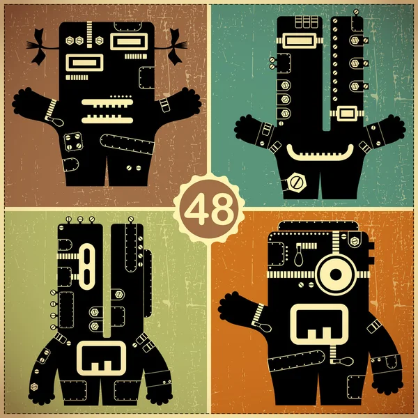 Conjunto de cuatro monstruos en fondo grunge retro — Vector de stock